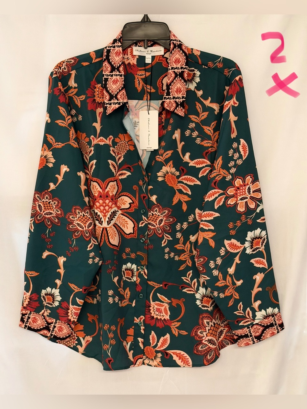 Chelsea & Theodore Teal Floral Button-Down Blouse